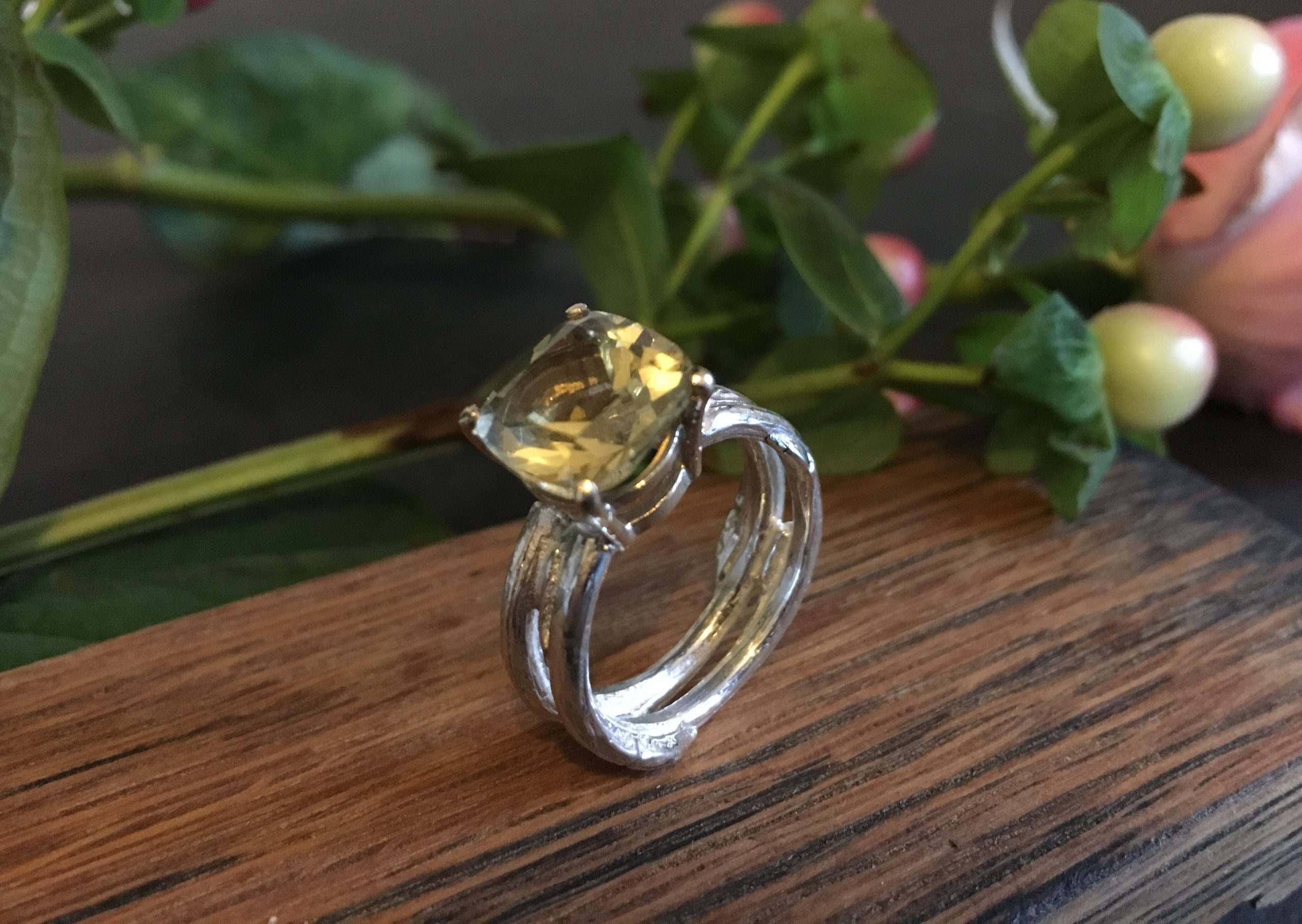 Double cast willow ring with citrine