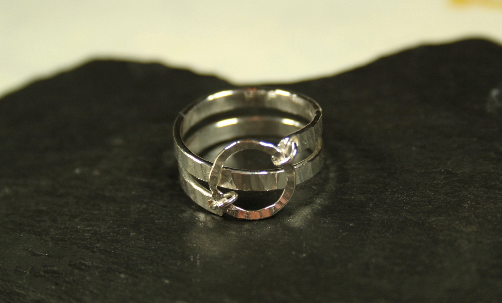 Hammered 2 spiral ring with silver circle
