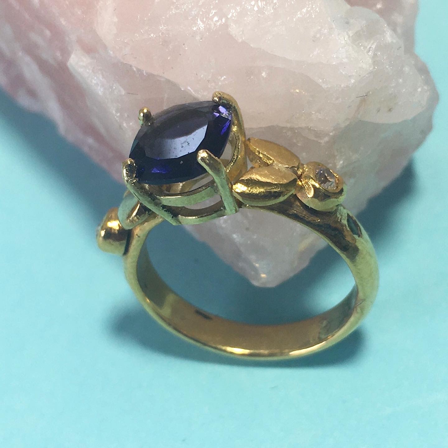 Gold diamond and iolite ring