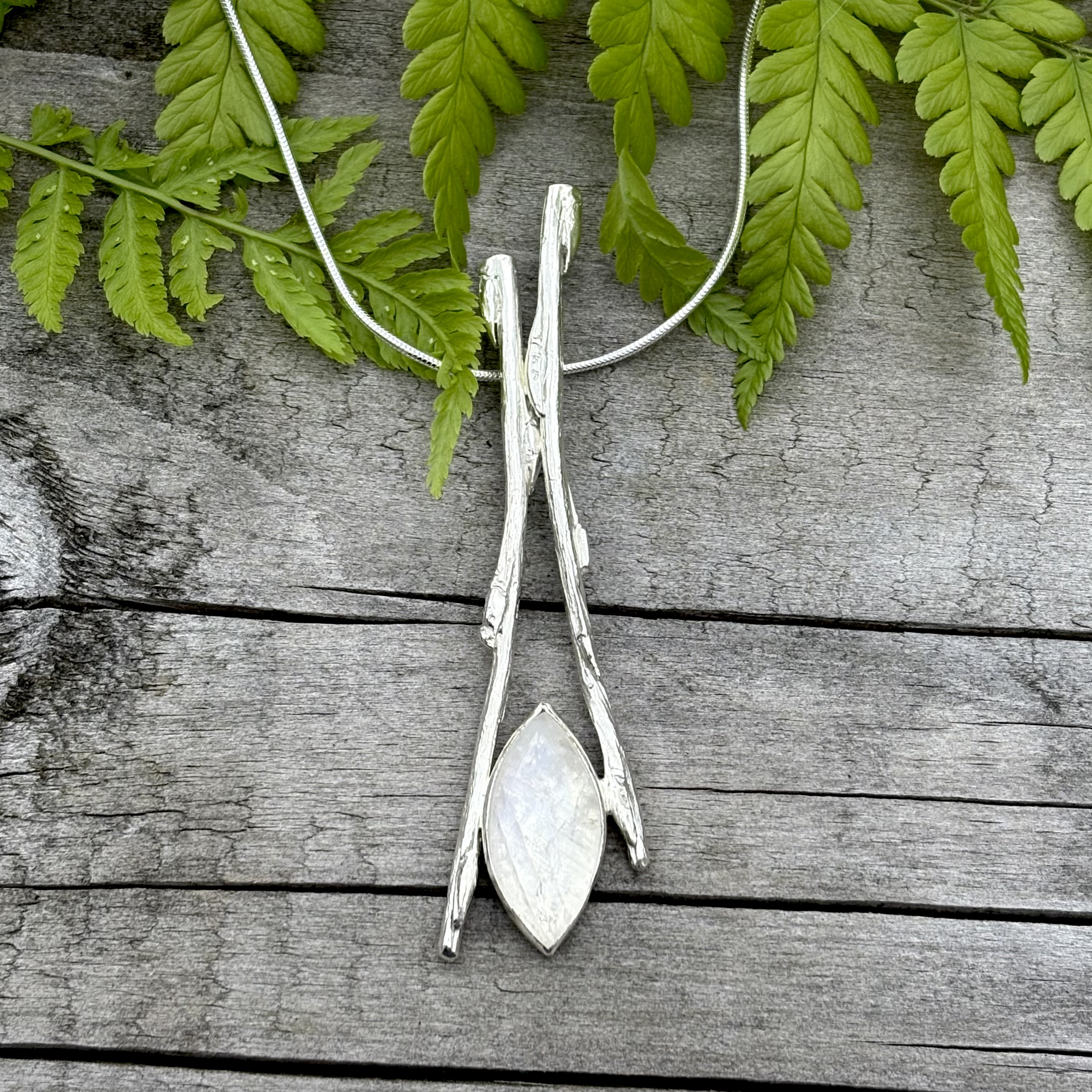 Cast willow pendant with marquise moonstone