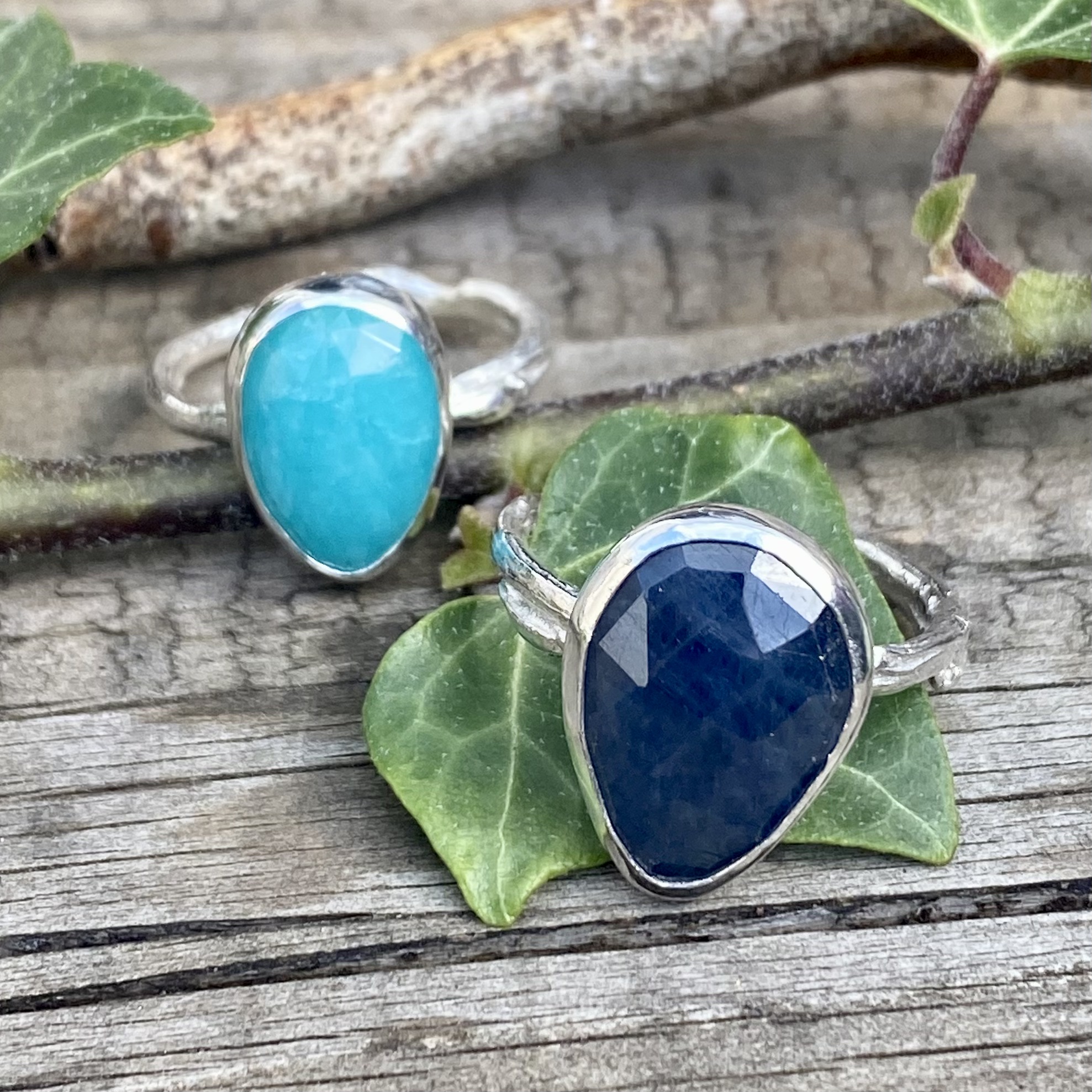 freeform sapphire ans ammonite willow rings