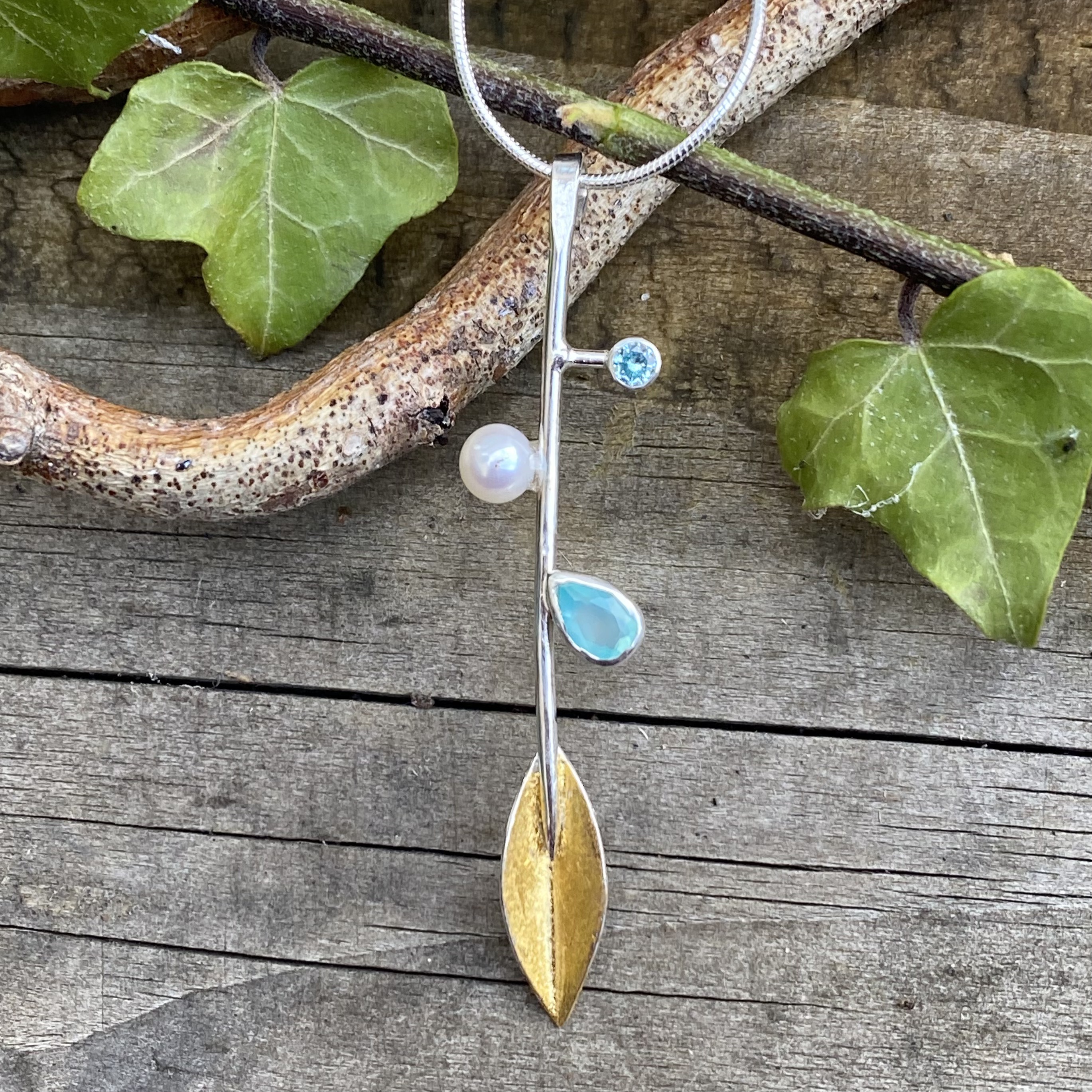 Botanics stem pendant with blue quartz, pearl & topaz