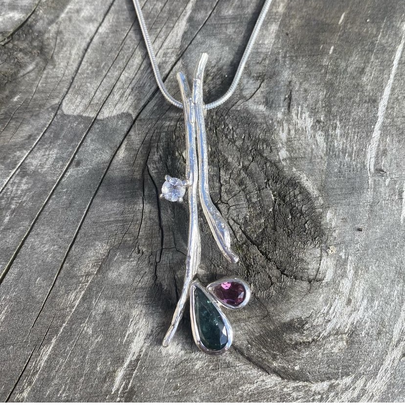 Cast willow pendant with topaz, rhodolite and moonstone