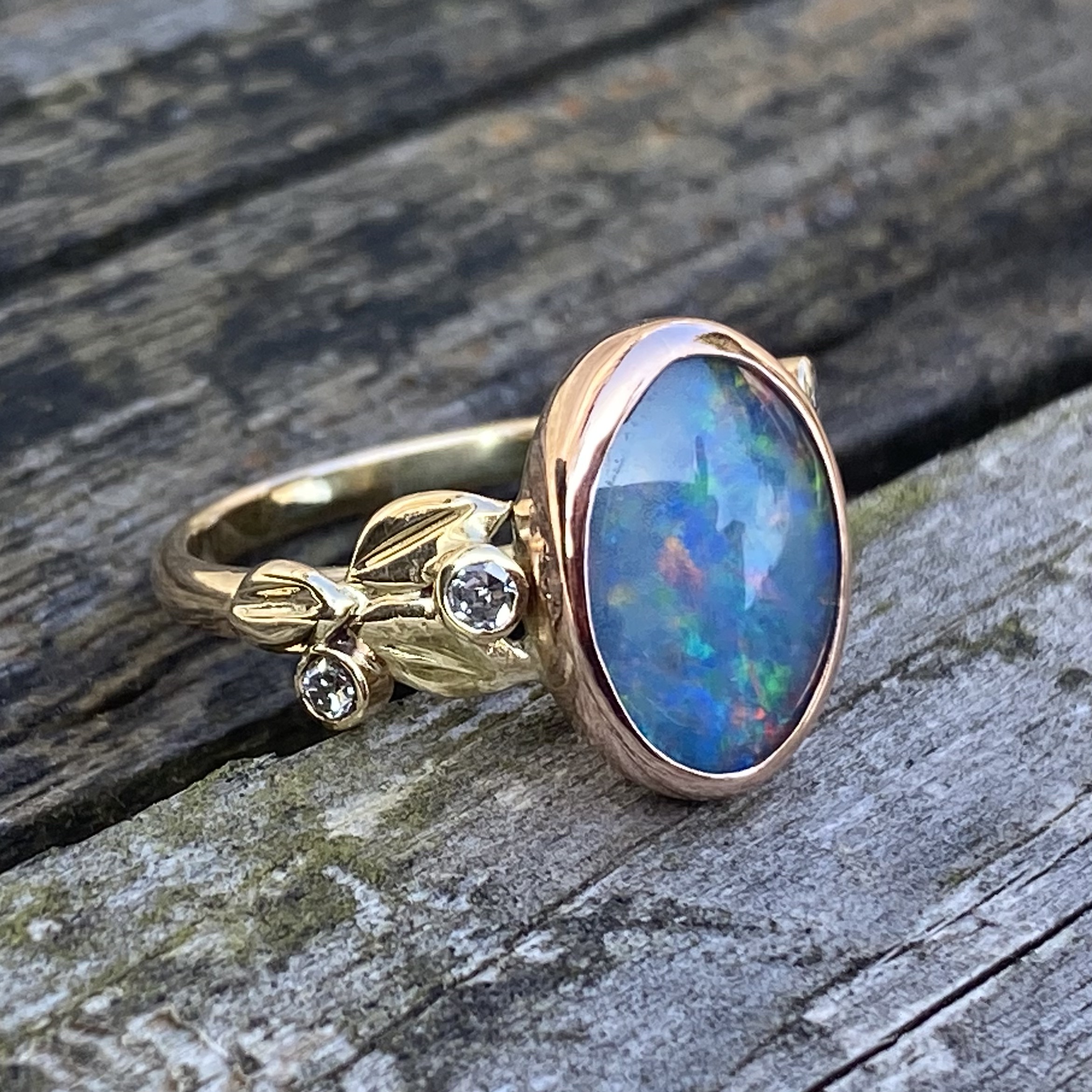 Gold diamond and opal triplet ring remodel