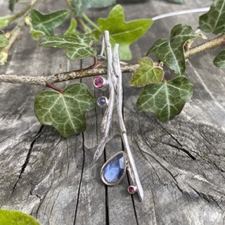 cast willow pendant with sapphire and ruby