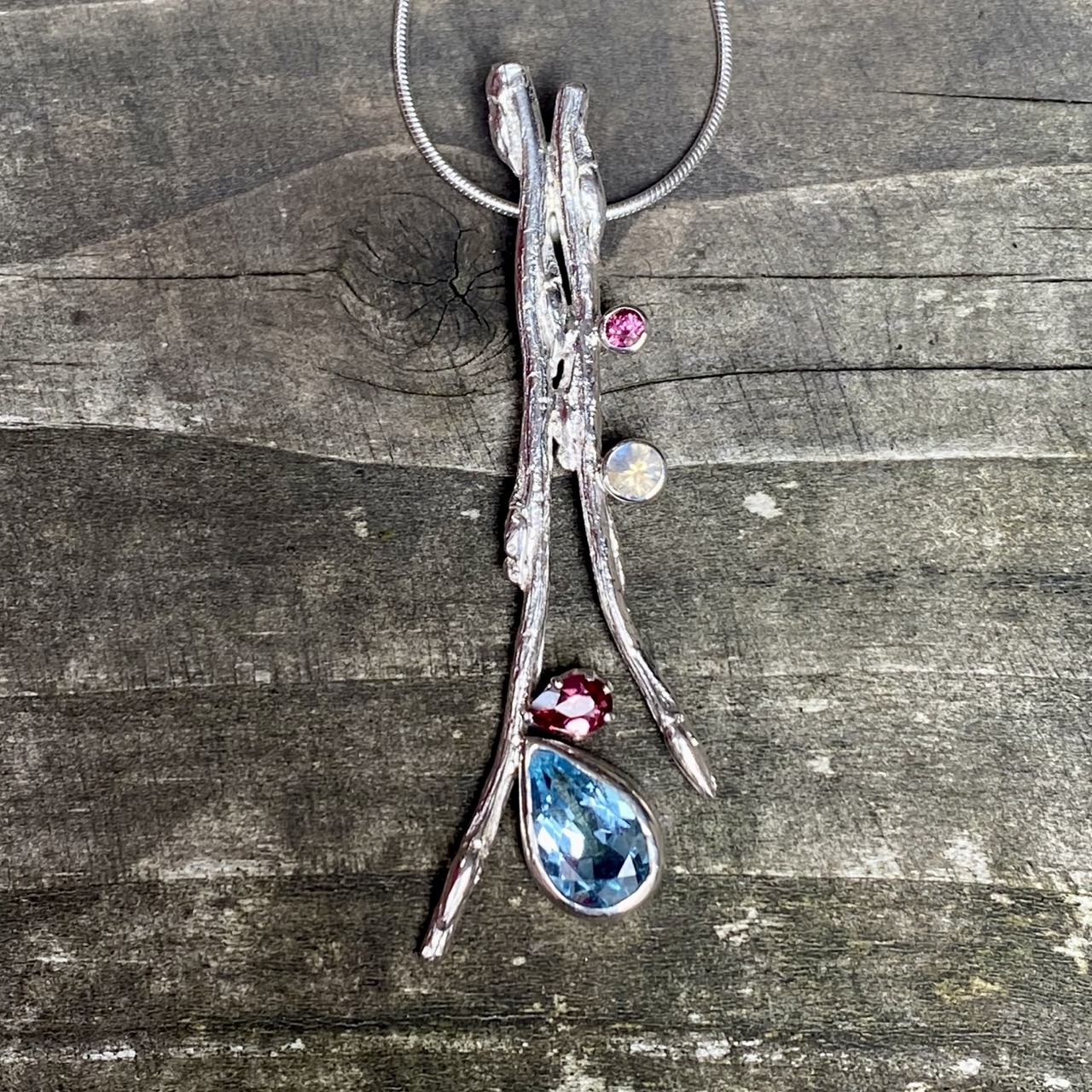 Cast willow pendant with topaz rhodolite and CZ