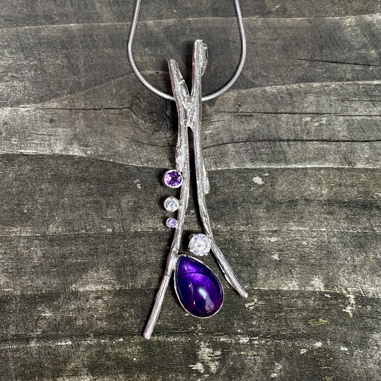 Cast willow pendant with amethyst and CZ