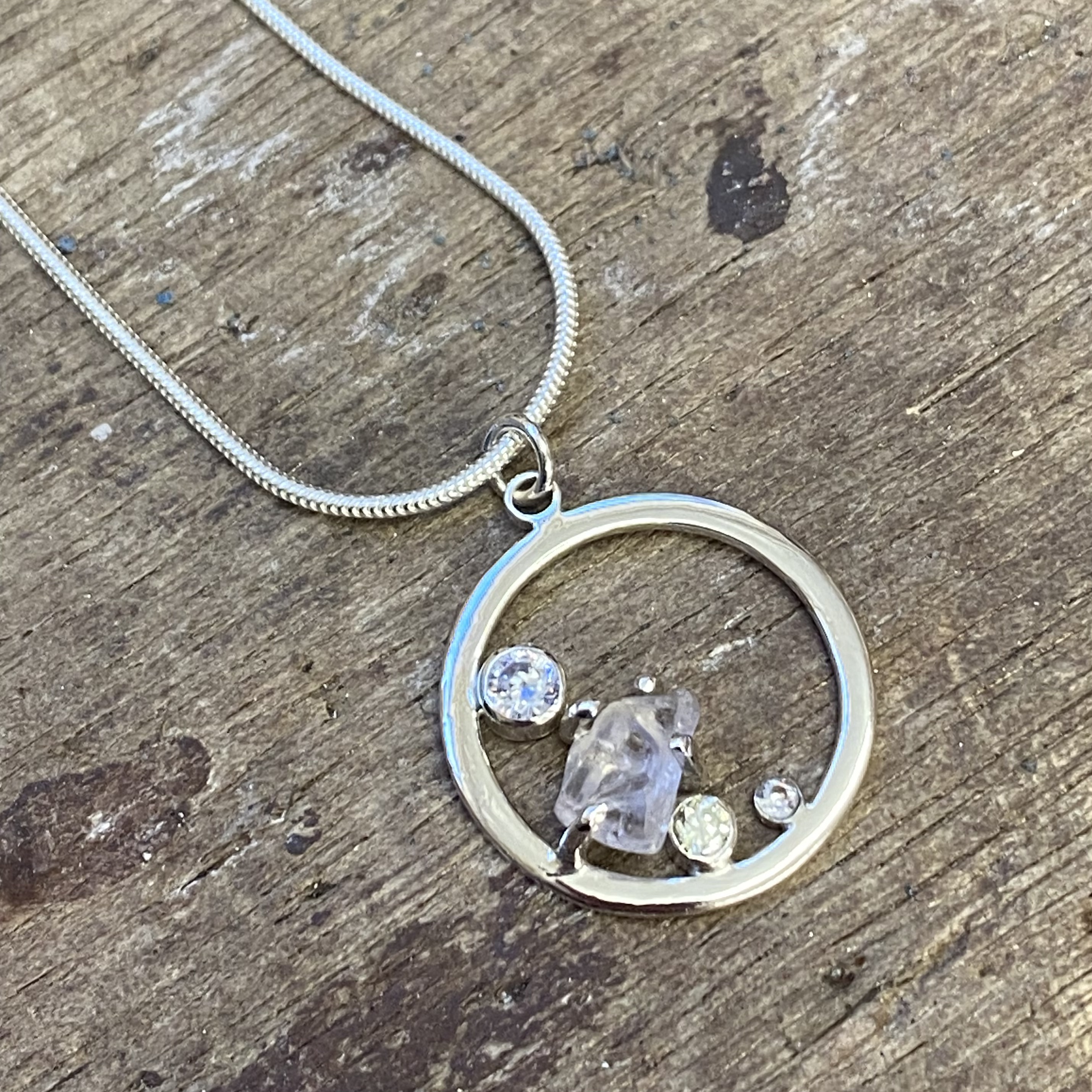 Silver diamond and rose quartz pendant