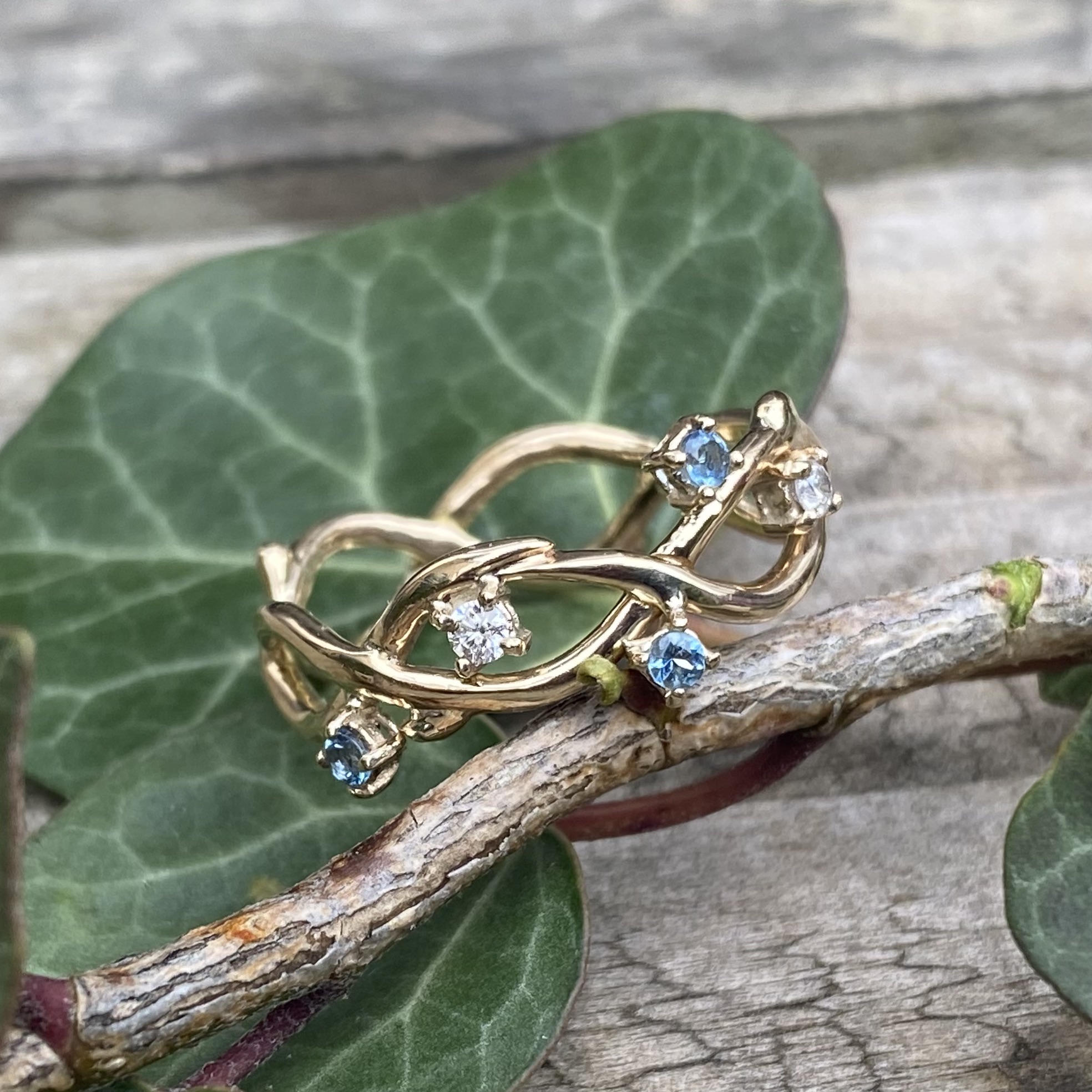 Gold diamond and aquamarine ring remodel