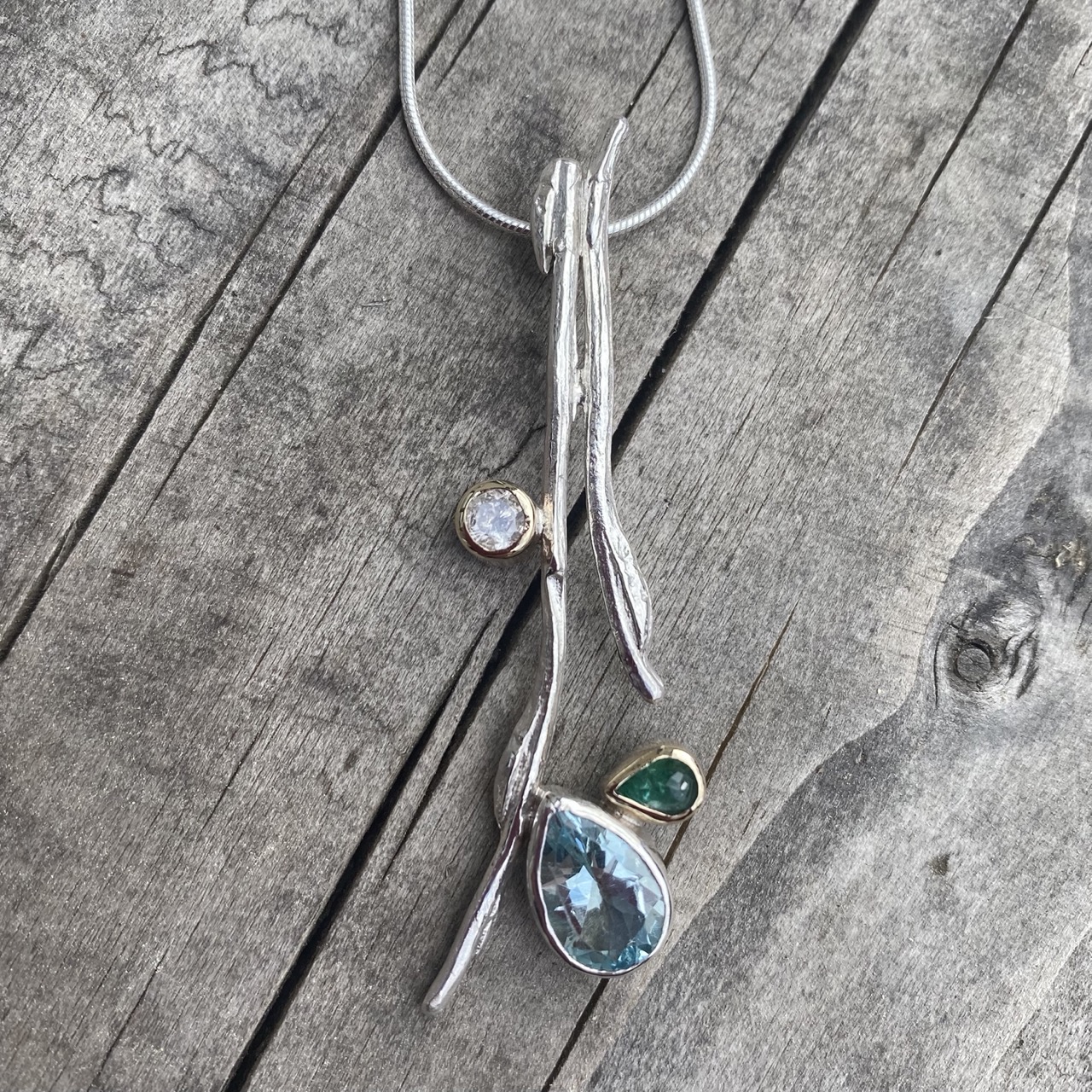Cast willow pendant with topaz emerald and CZ