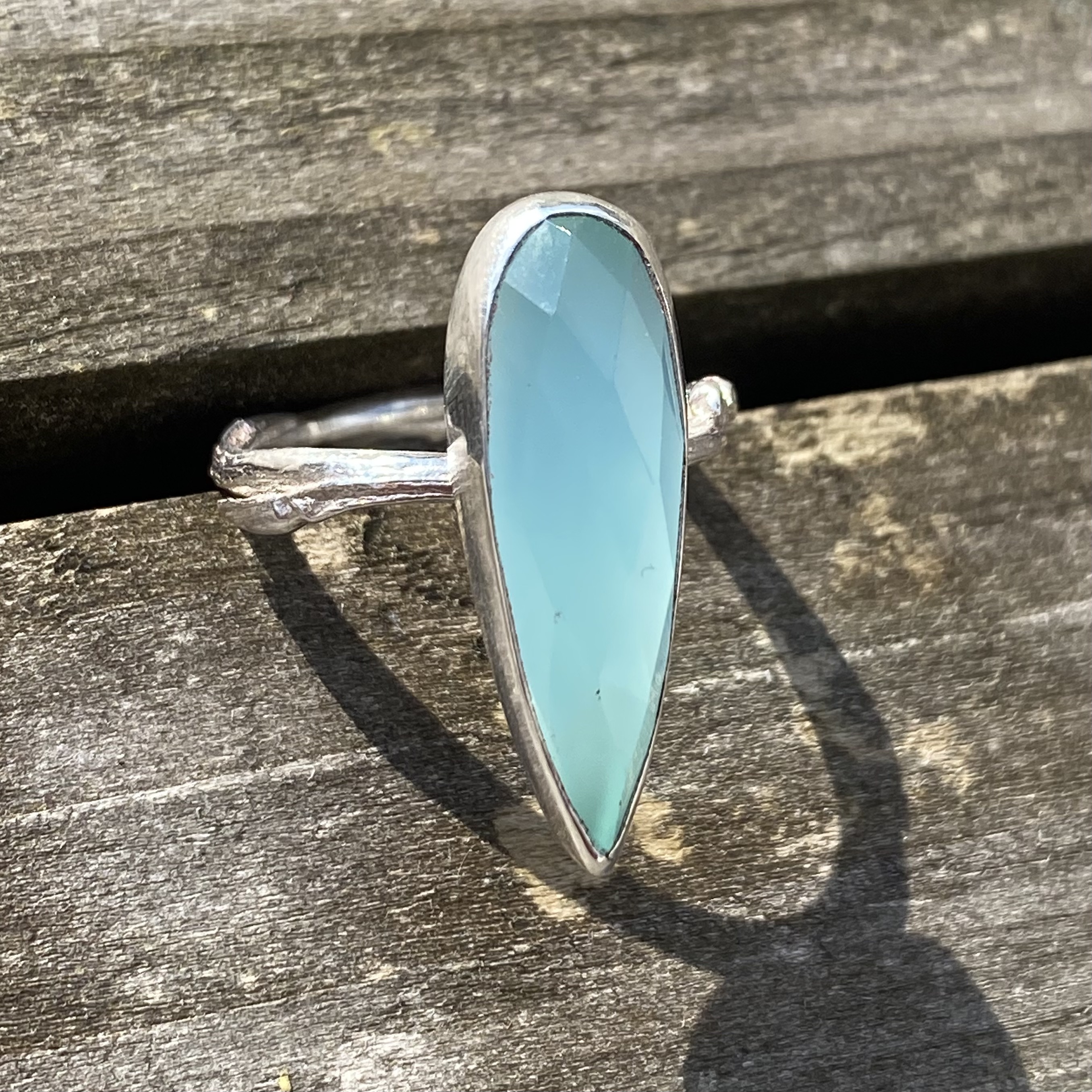 Cast willow ring with teardrop sea blue quartz