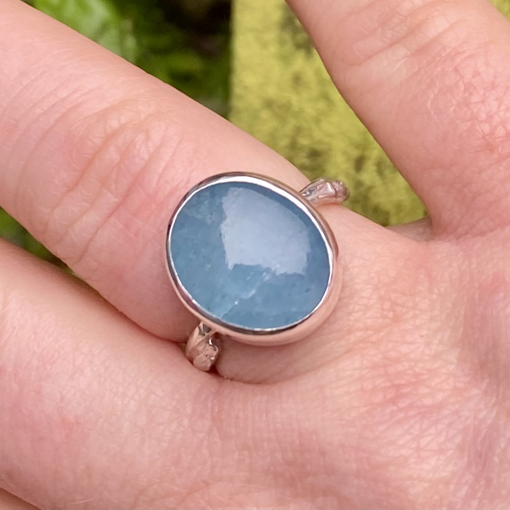 Cast willow ring with large aquamarine cabochon